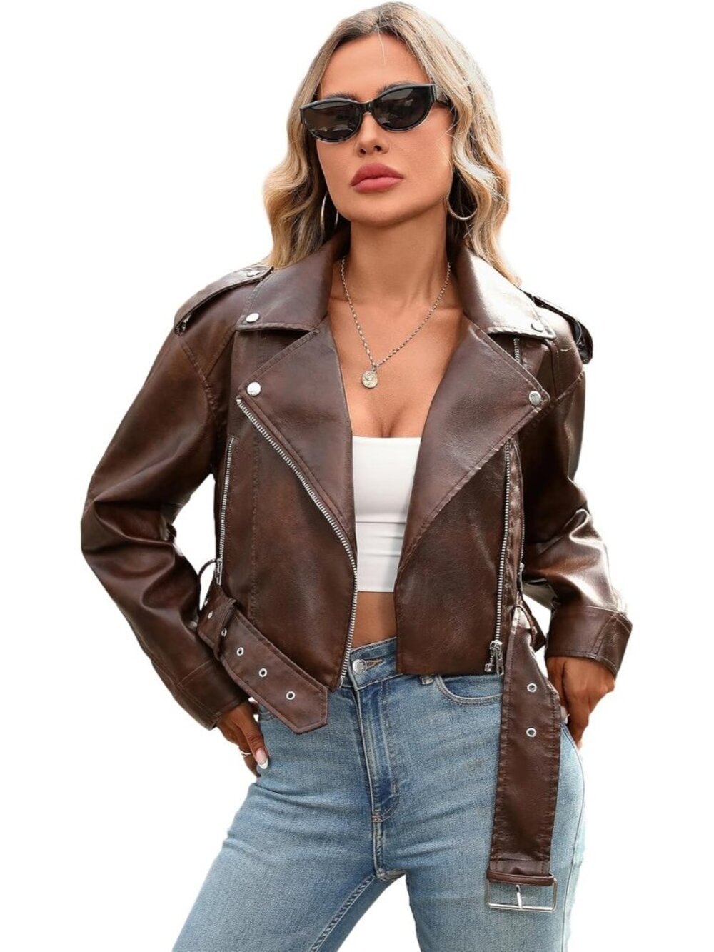 Women's Brown Faux Leather Cropped Biker Jacket Vintage Short Belted Coat